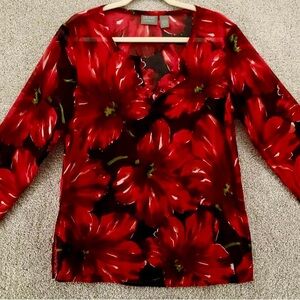 🌺Chicos Additions Red & Black Floral Long Sleeve V-Neck Lightweight Sheer Top M